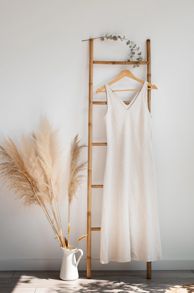 Robe en fibres naturelles suspendue sur cintre après lavage pour l’entretien des vêtements